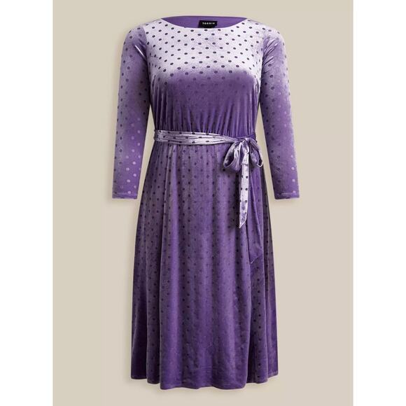 Torrid Midi Burnout Velvet Boatneck Dress Purple Velvet Polka Dot Plus Size 1 - Picture 1 of 7